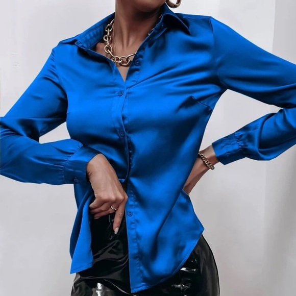 Satin silky button up down shirt sexy business professional casual holiday - Picture 3 of 16